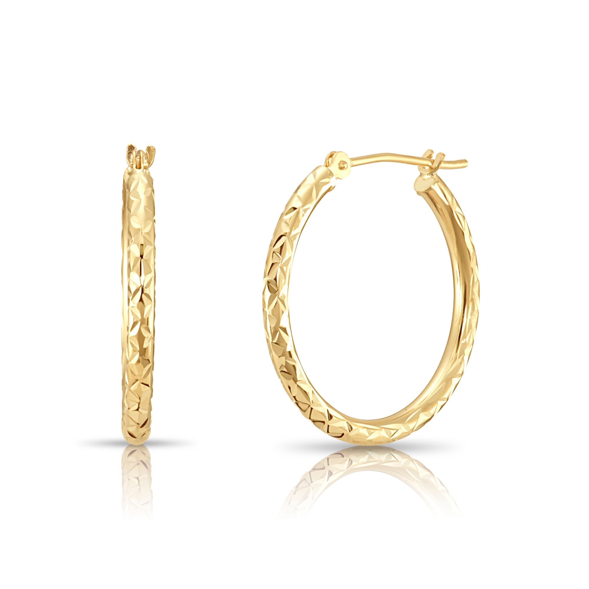 14K Yellow Gold X Pattern Diamond Cut Hoop Earrings