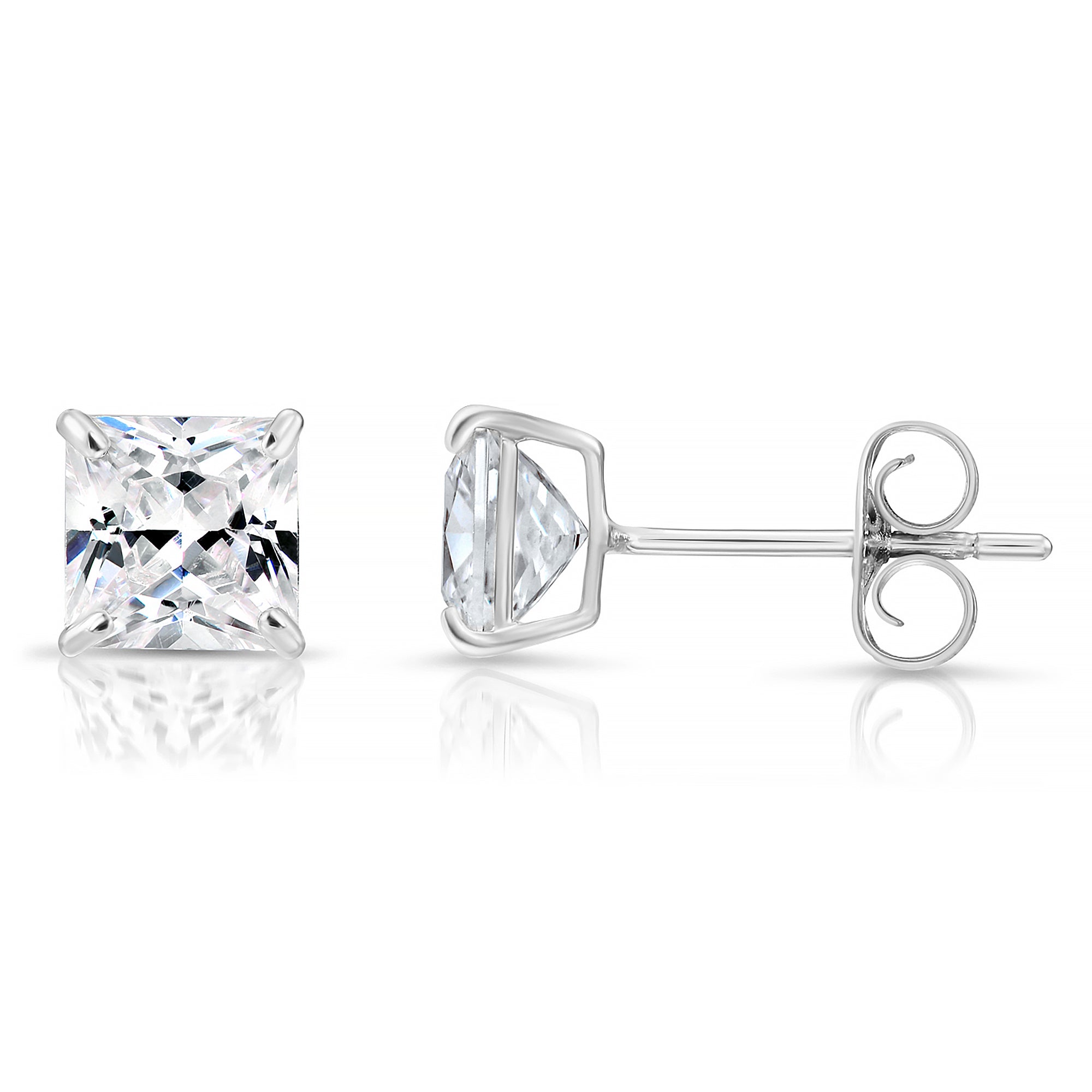 14k White Gold Square Zirconia Stud Earrings with Butterfly Pushbacks. Unisex Design. Princess Cut Studs