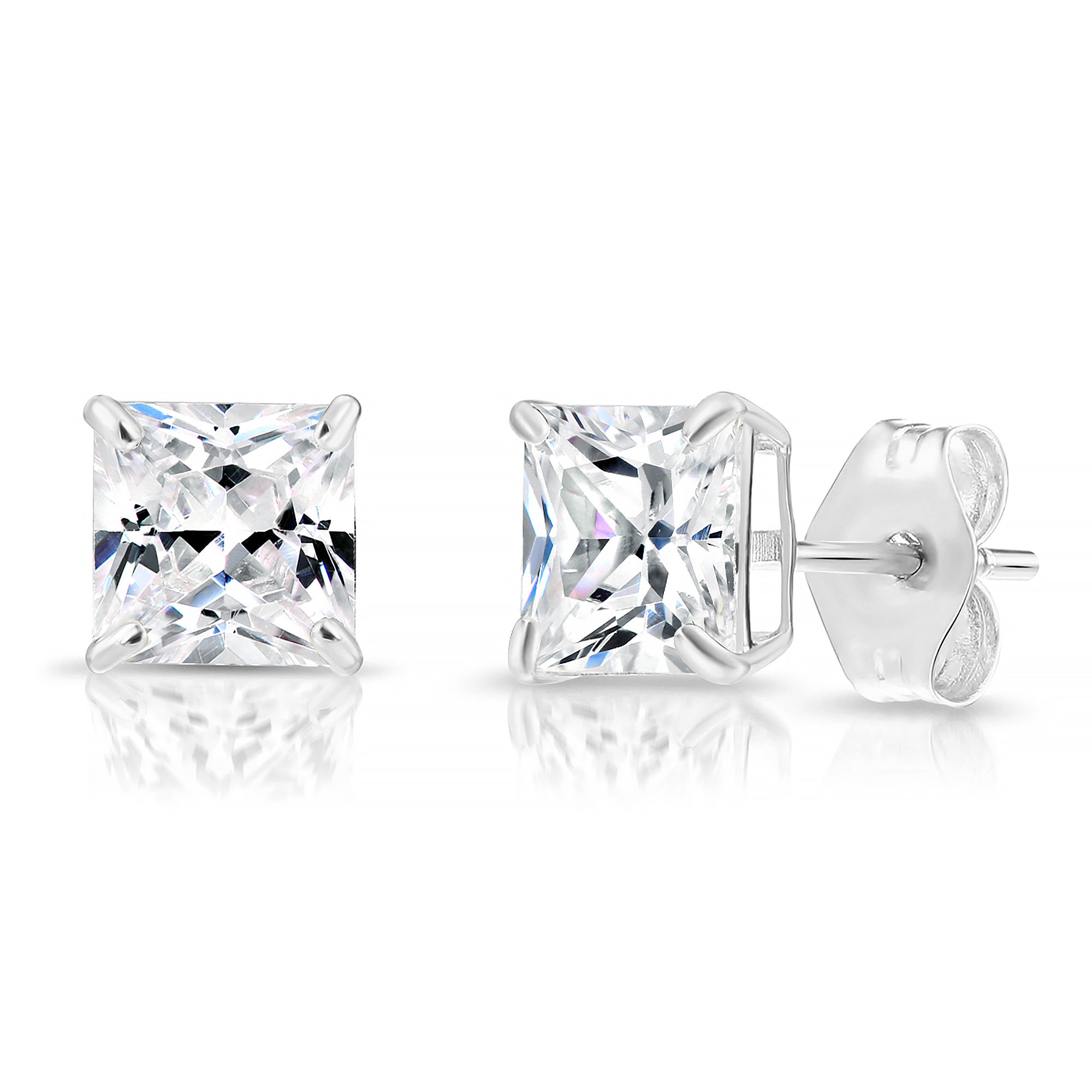 14k White Gold Square Zirconia Stud Earrings with Butterfly Pushbacks. Unisex Design. Princess Cut Studs