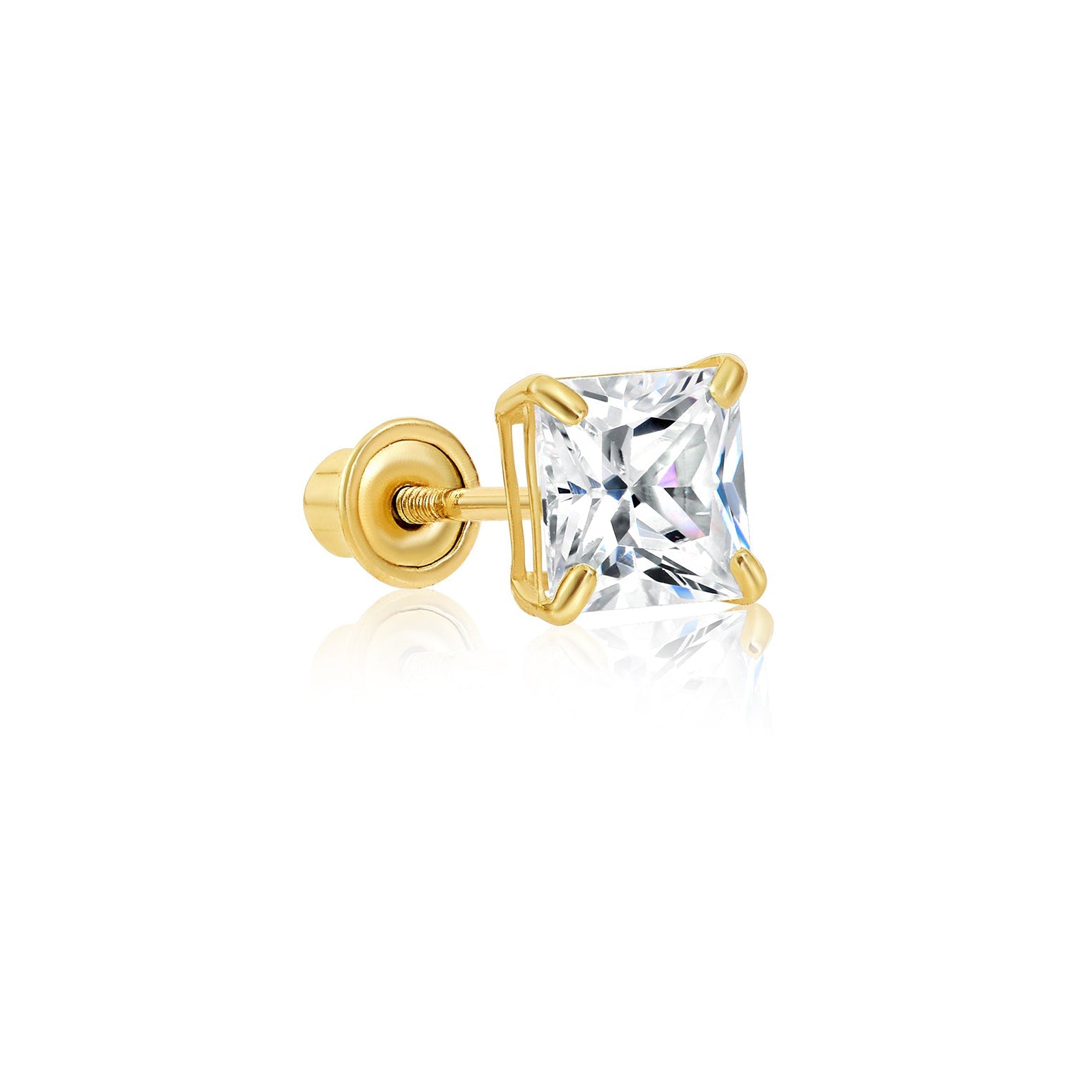 14k Yellow Gold Square Zirconia Stud. Single Earring. Screwback