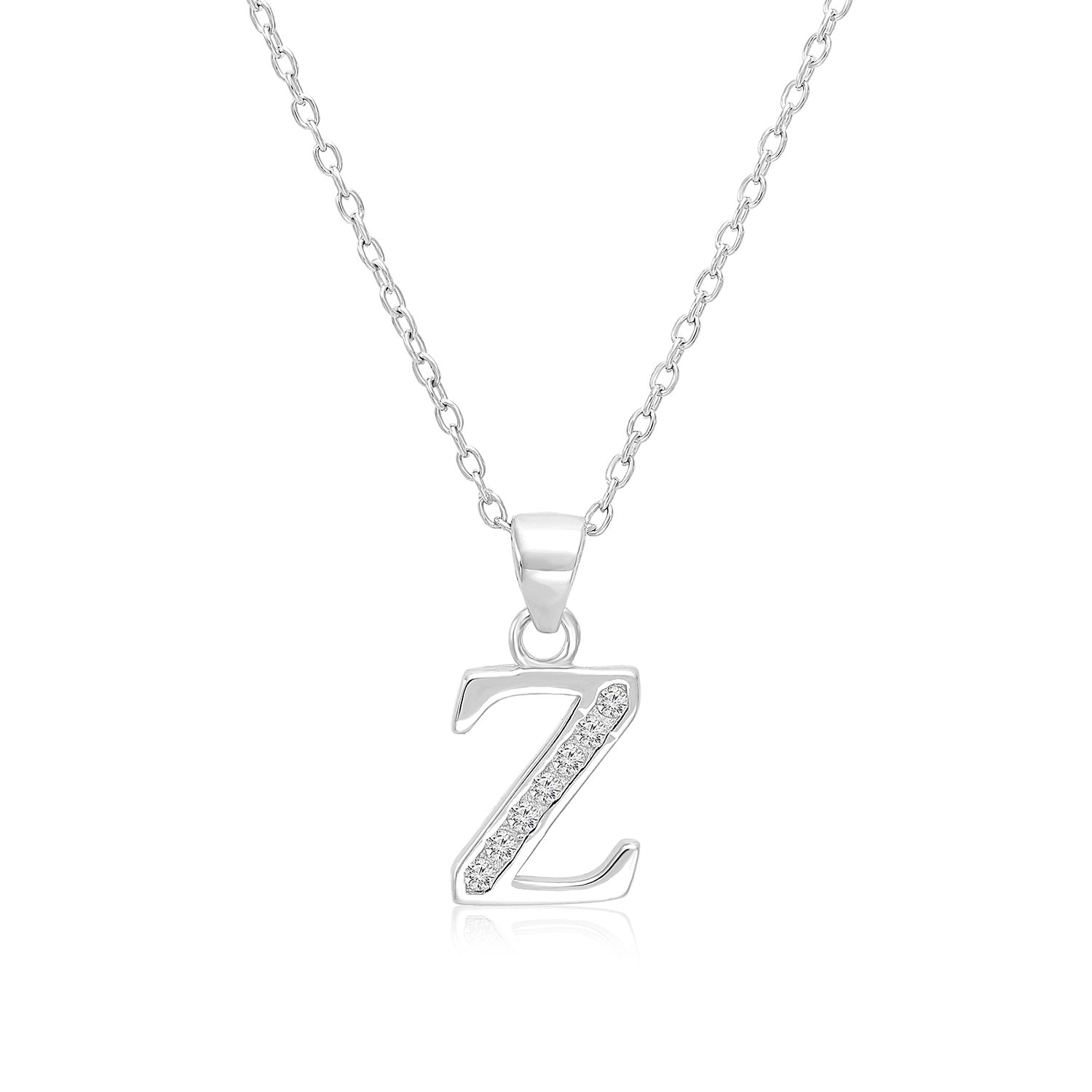 CZ Initial Charm Necklace. All Letters in Sterling Silver