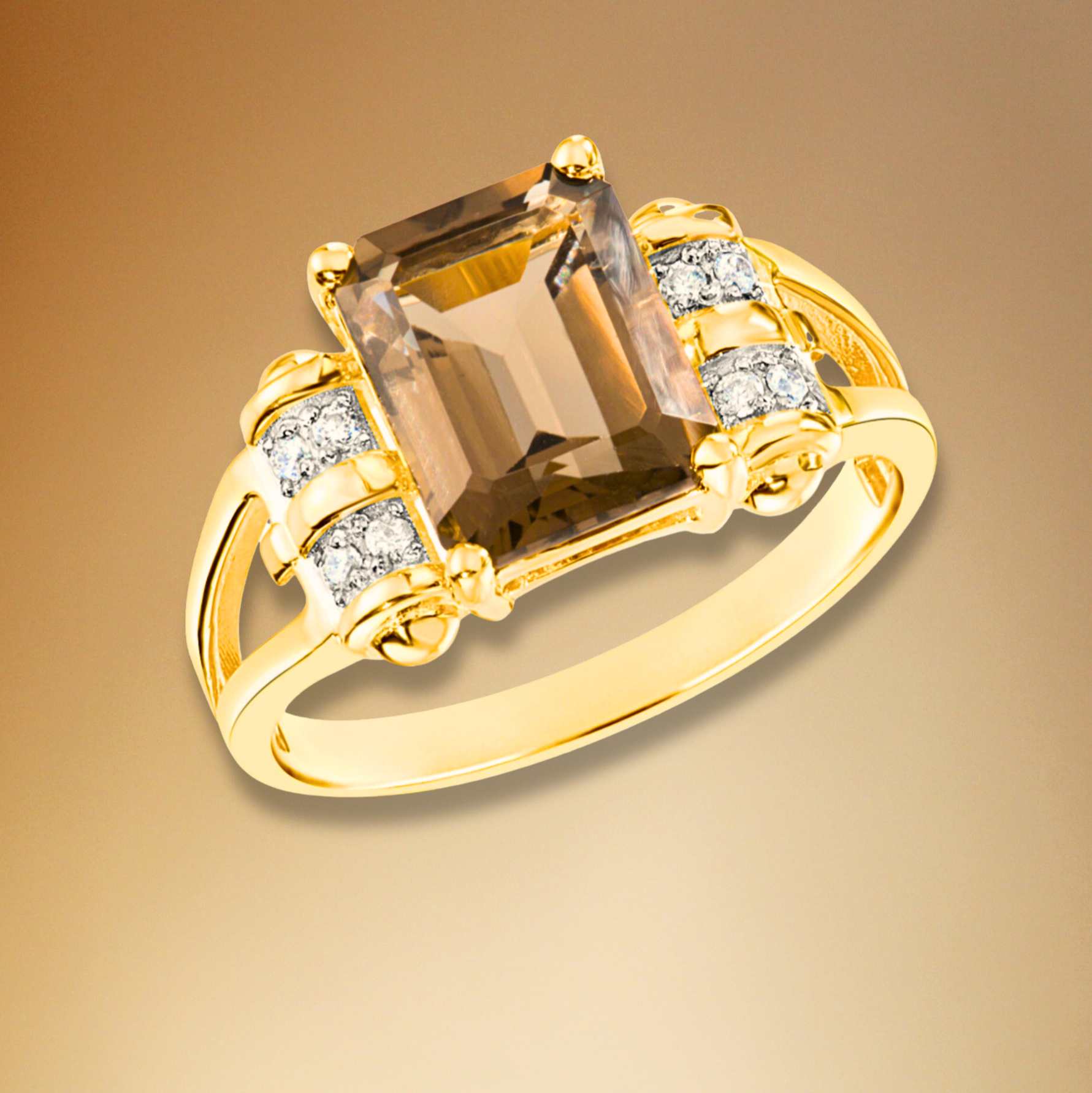 Natural Smokey Quartz Gemstone Ring. 14k Gold Ring with Natural Diamonds