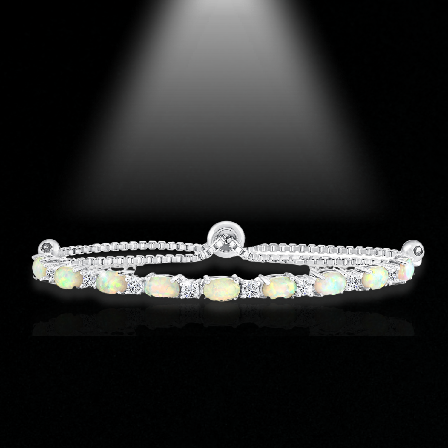 Sterling Silver Fire Opal Adjustable Bracelet With Cubic Zirconia Stones