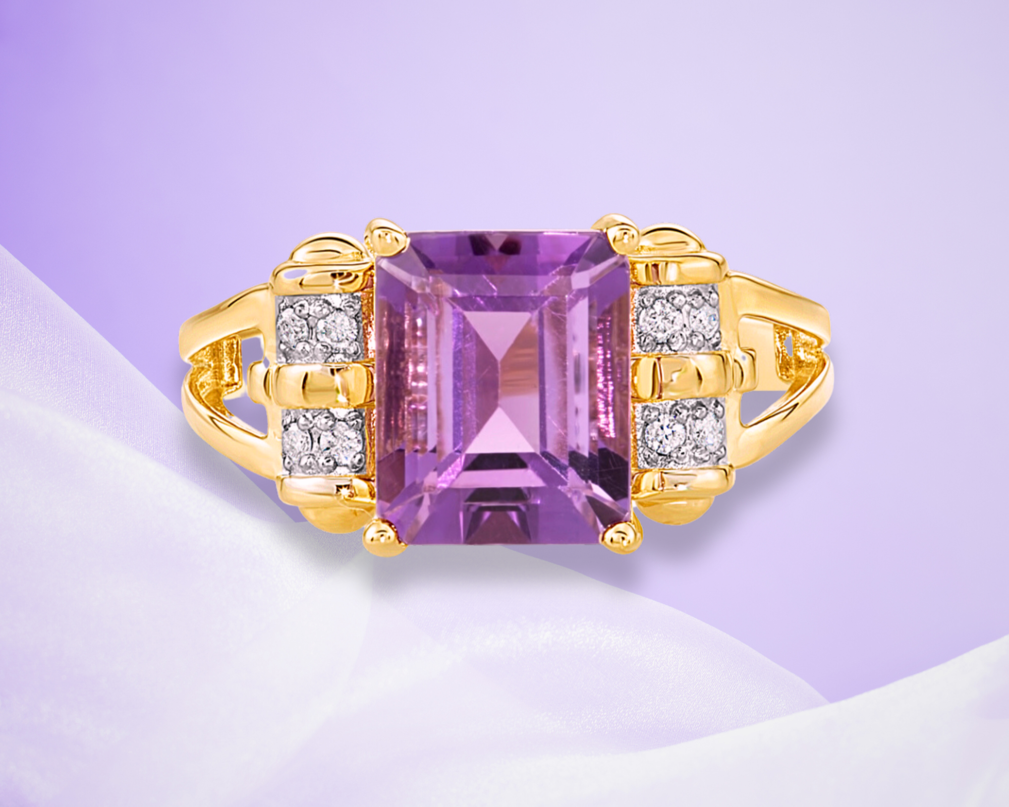 Natural Amethyst Gemstone Ring. 14k Gold Ring with Natural Diamonds