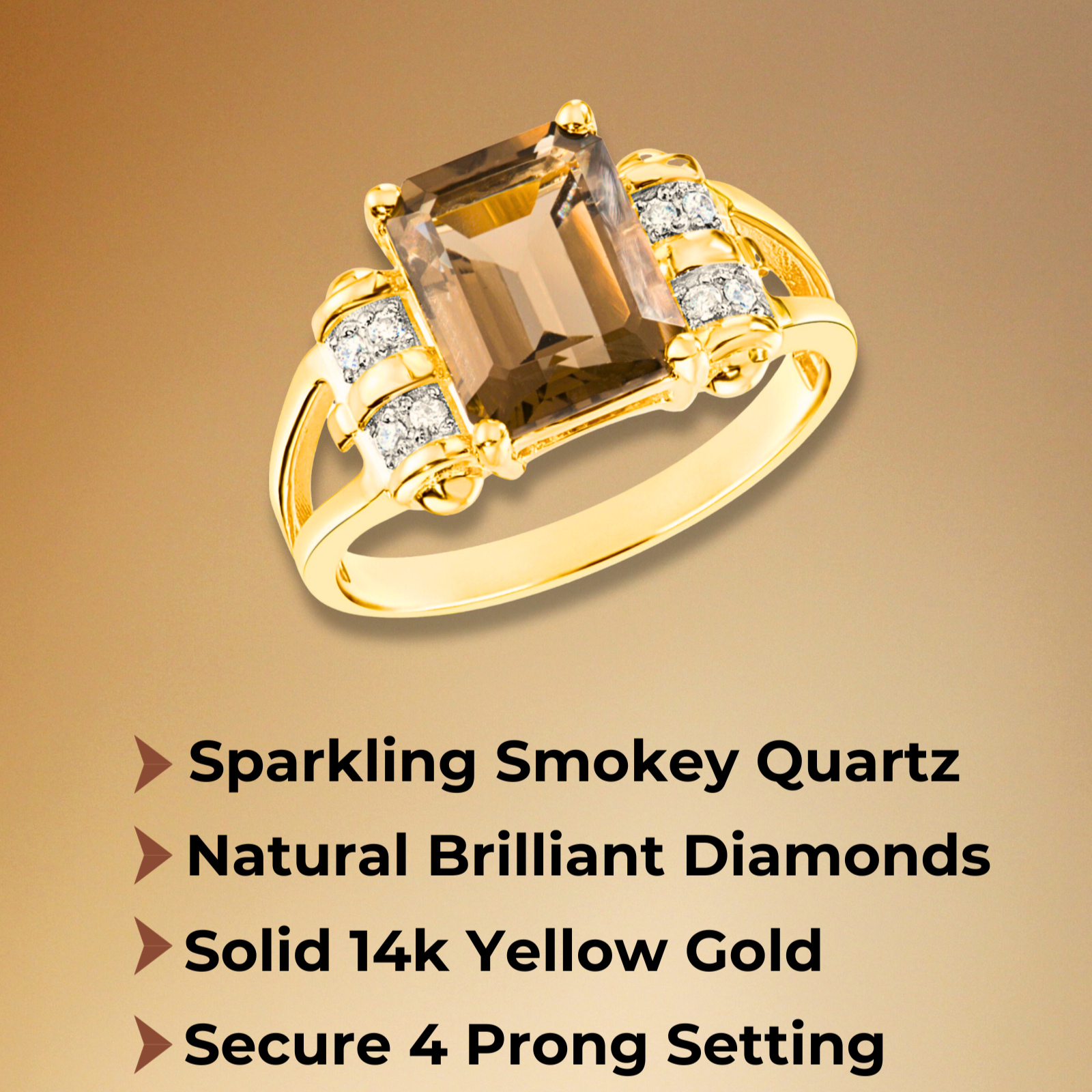 Natural Smokey Quartz Gemstone Ring. 14k Gold Ring with Natural Diamonds