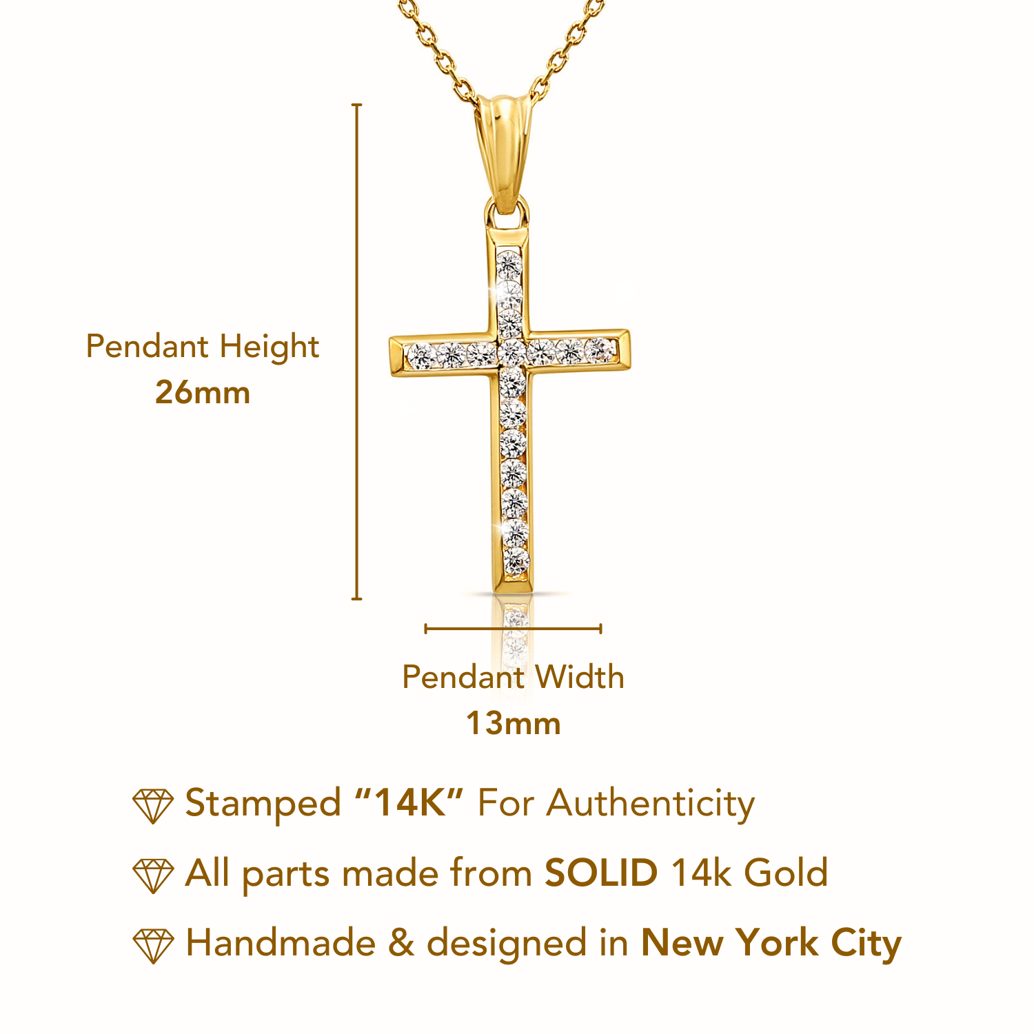 14K Solid Yellow Gold CZ Cross Pendant. With 18 Cable Chain Necklace