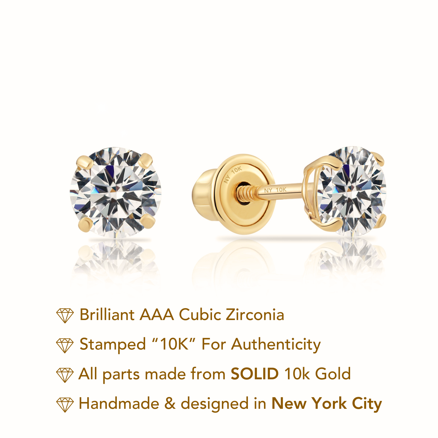 10k Yellow Gold Solitaire Screwback Stud Earrings