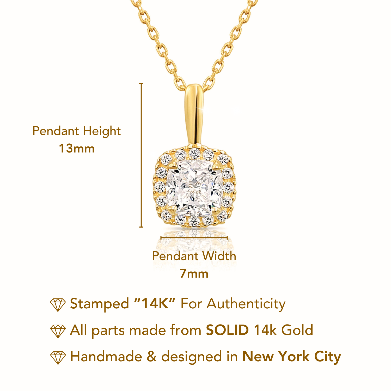 14K Solid Yellow Gold Cushion-Cut Halo CZ Pendant. With 18 Cable Chain Necklace