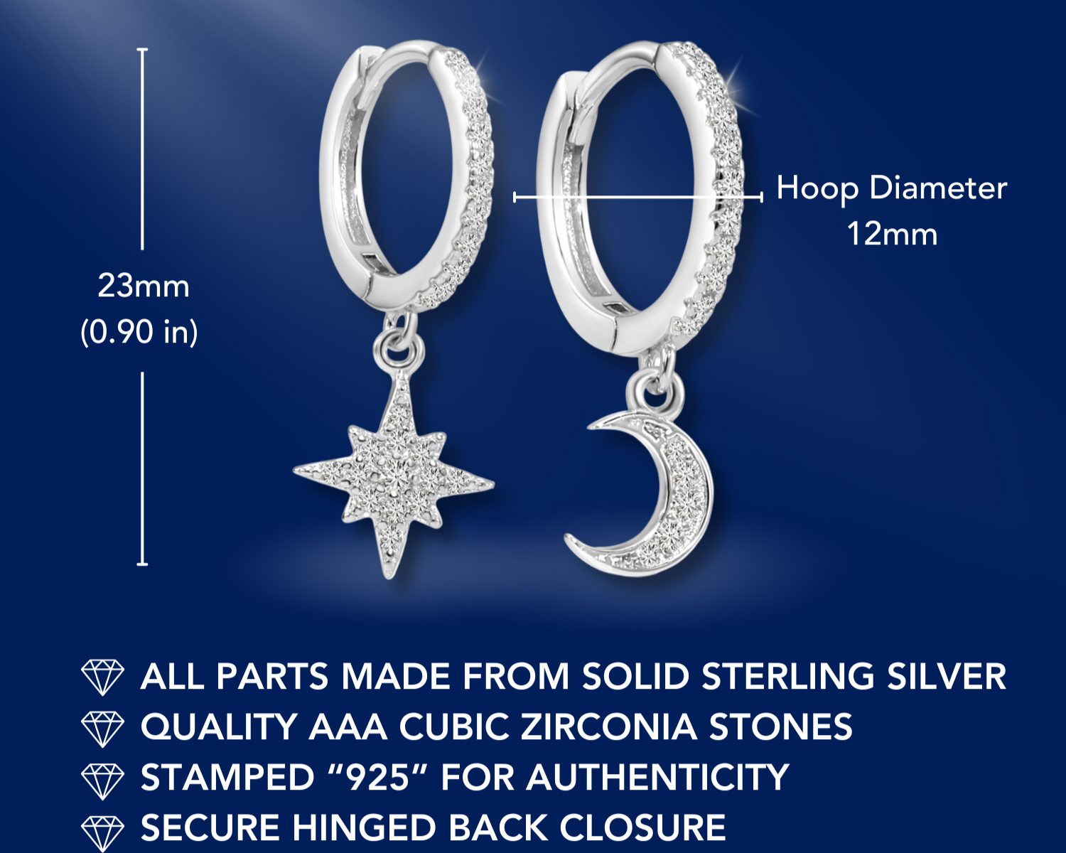 925 Sterling Silver Pave Star + Moon Dangle Drop Earrings. Huggies Hoop Design