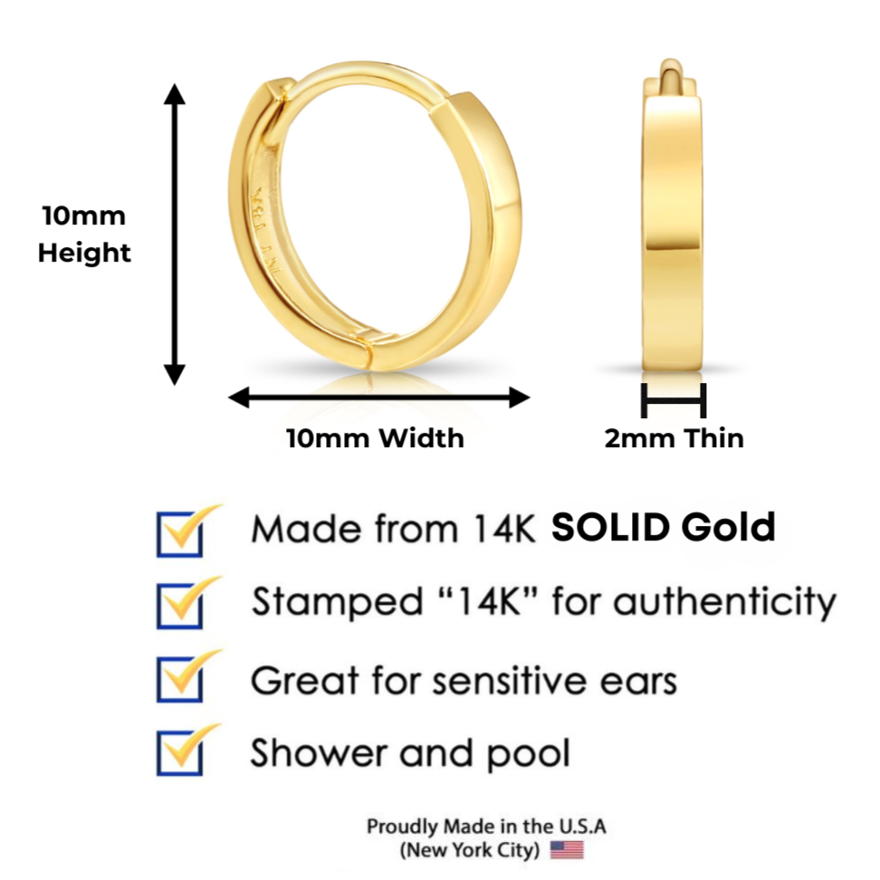 14K Yellow Gold Tiny Huggies. Classy 10mm Hoop Earrings