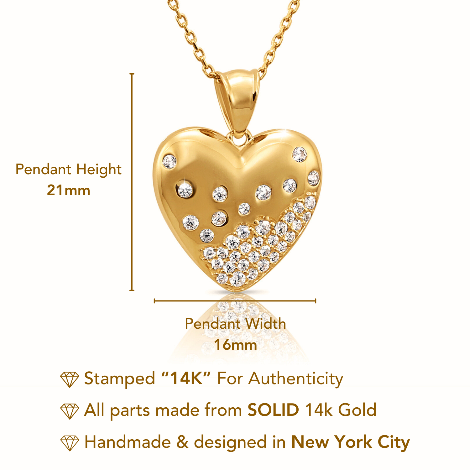 14K Solid Yellow Gold Heart Pendant. With 18 Cable Chain Necklace