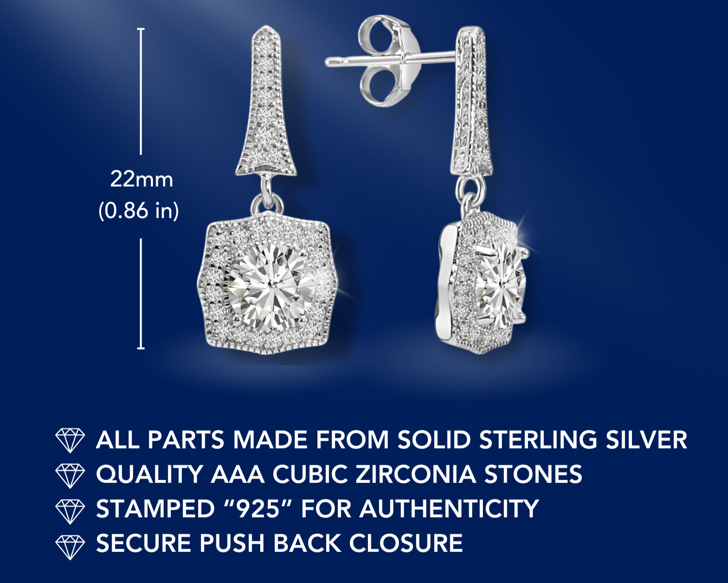 925 Sterling Silver Drop Dangle Earrings. Halo CZ Cushion Design. With Push-Backs