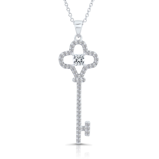 CZ Key Charm Necklace in Sterling Silver