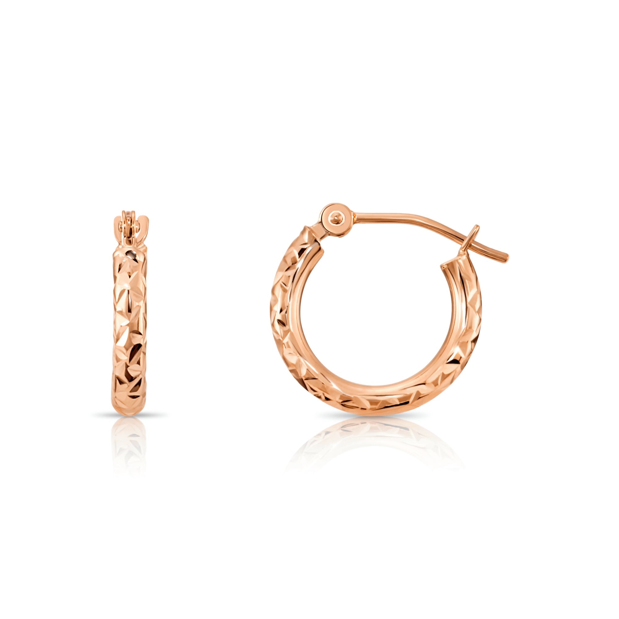 14K Rose Gold Hoop Earrings. Hand Engraved X-Pattern