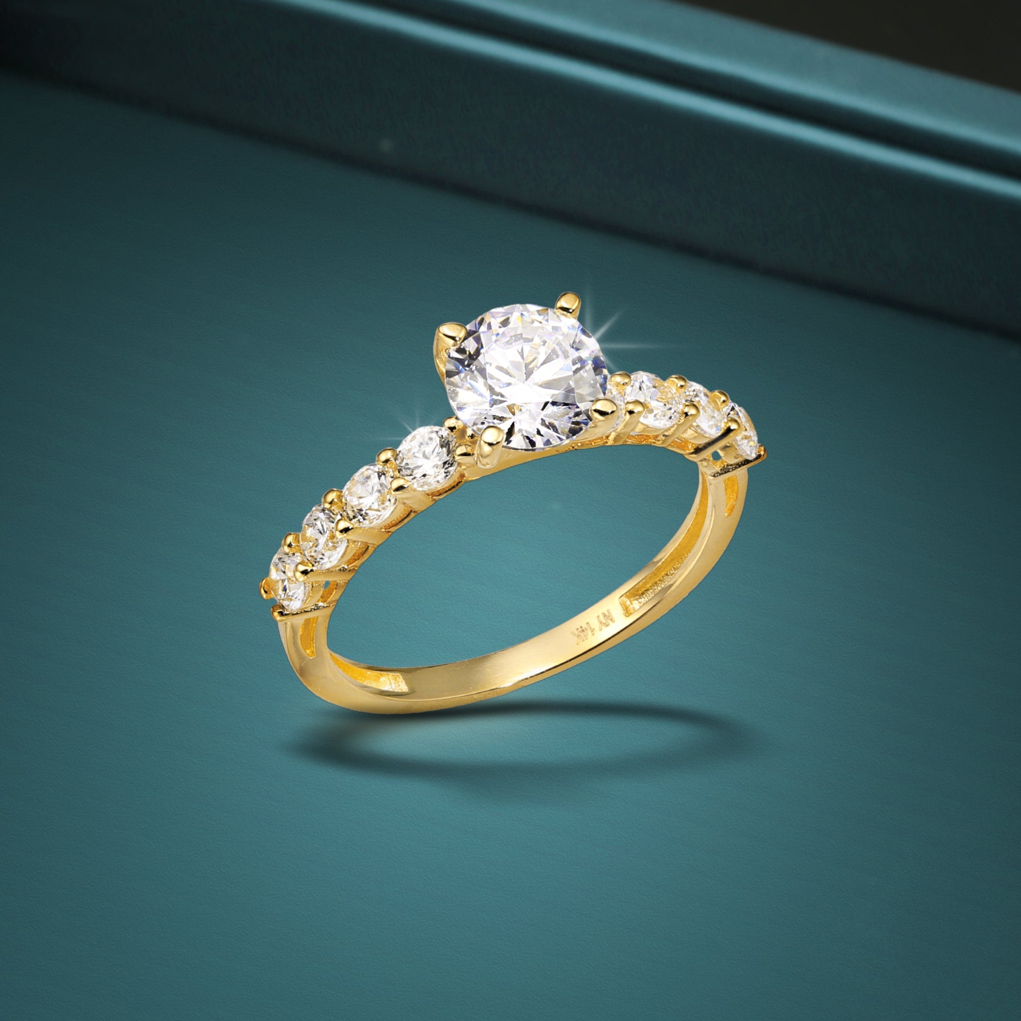 14K Yellow Gold Solitaire Round Brilliant 1 Carat Engagement Ring With Side Stones. #42678