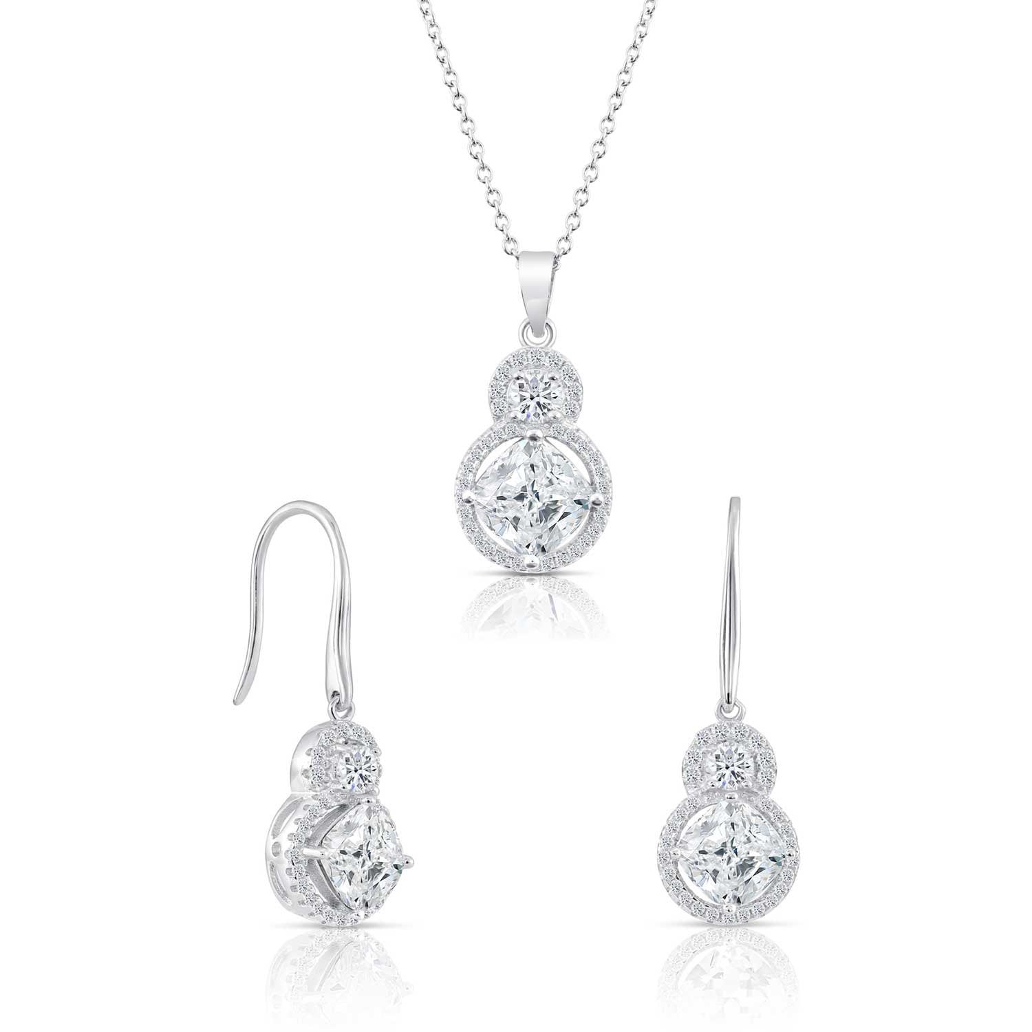 CZ Royal Charm Necklace and Earrings Set. Bridal Wedding Jewelry in Sterling Silver