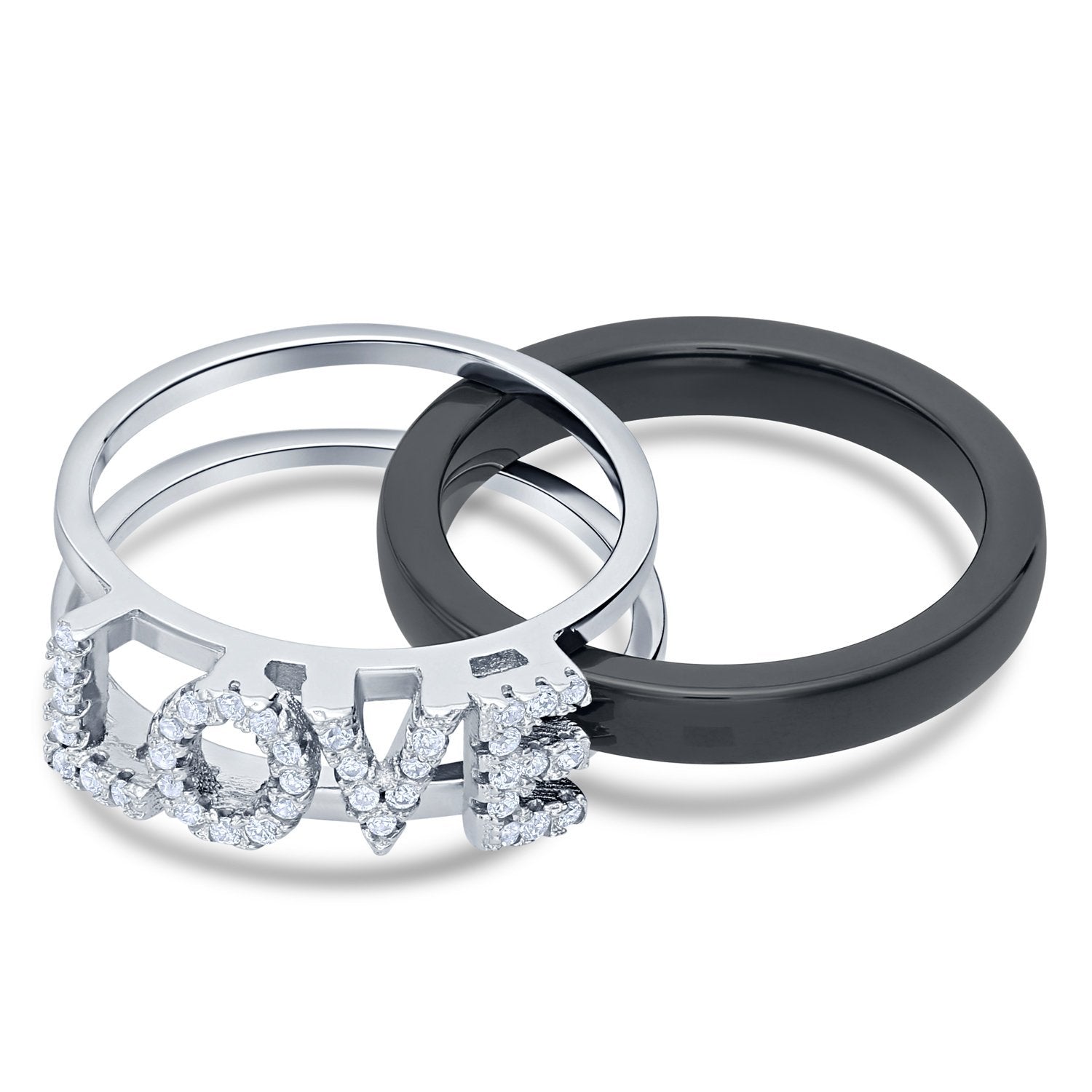 CZ Double LOVE Ring. 2 Rings in 1 in Sterling Silver