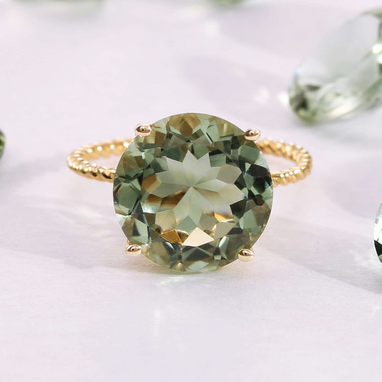 14k Yellow Gold 5 Carat Green Amethyst Gemstone Ring. Ms. Luscious