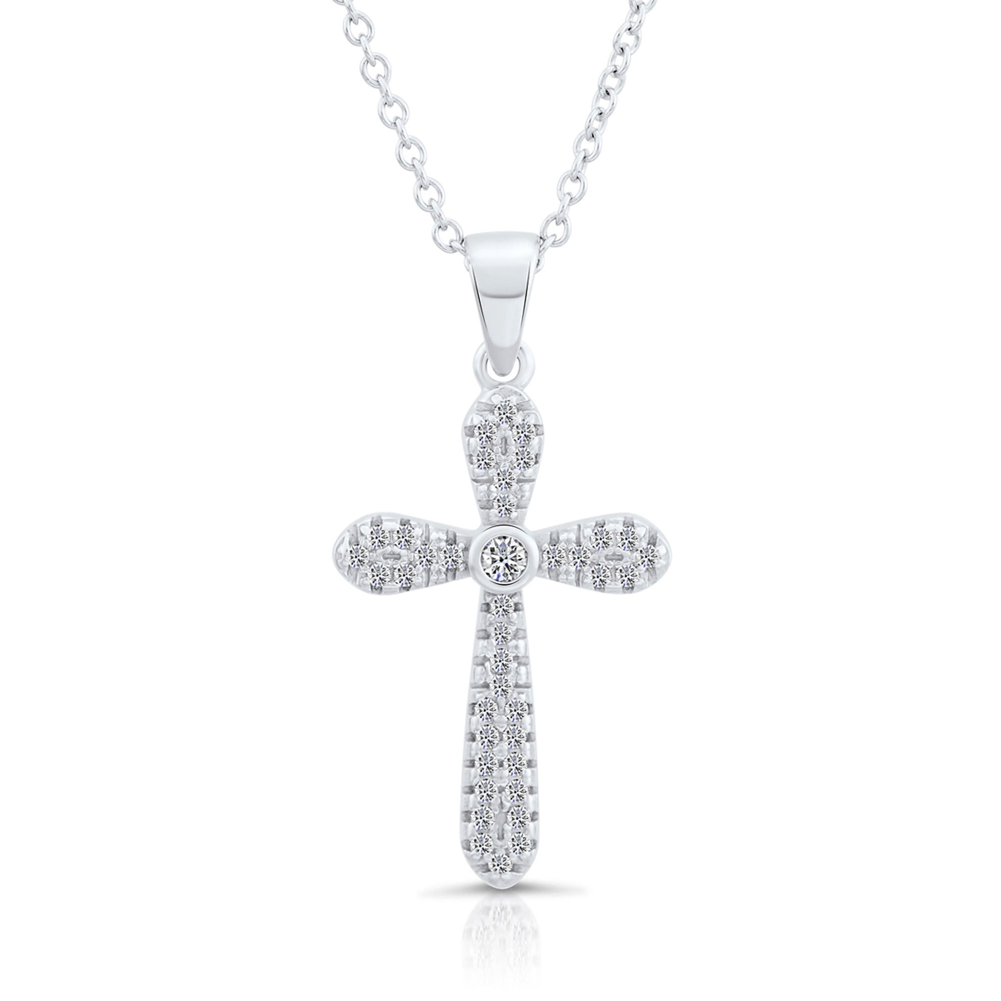 CZ Rounded Cross Charm Necklace in Sterling Silver