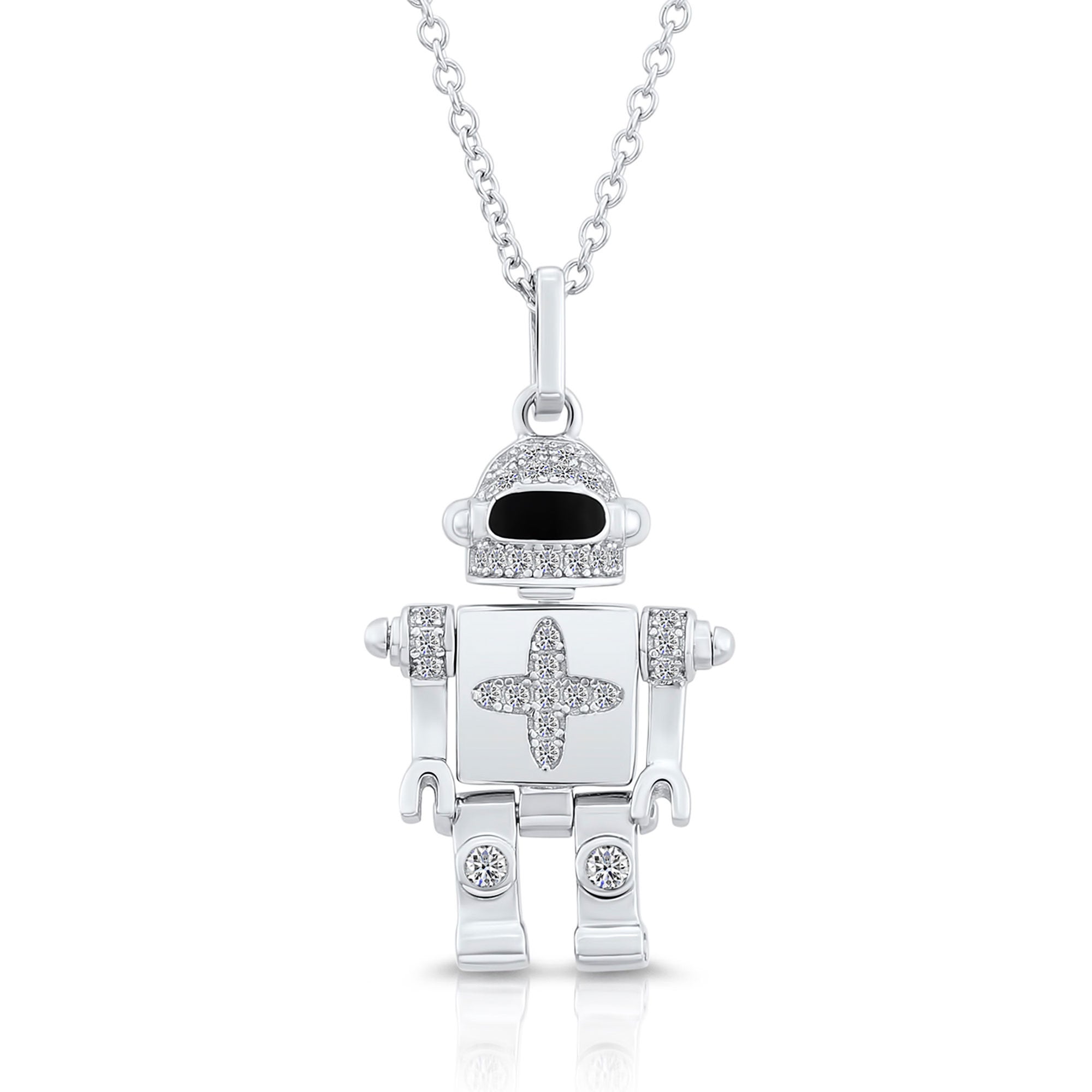 CZ Robot Charm Necklace in Sterling Silver