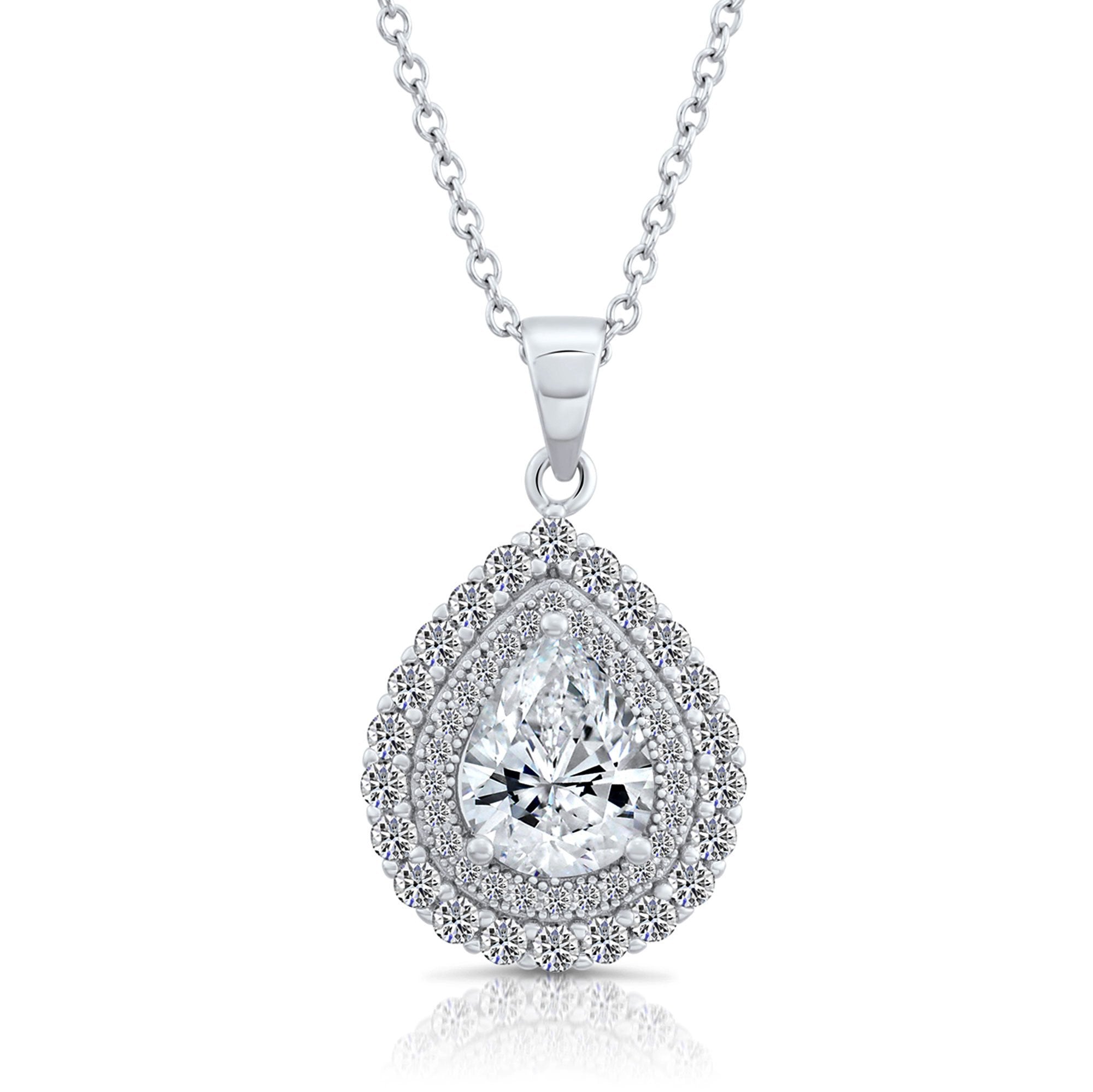 CZ Solitaire Teardrop Charm Necklace in Sterling Silver