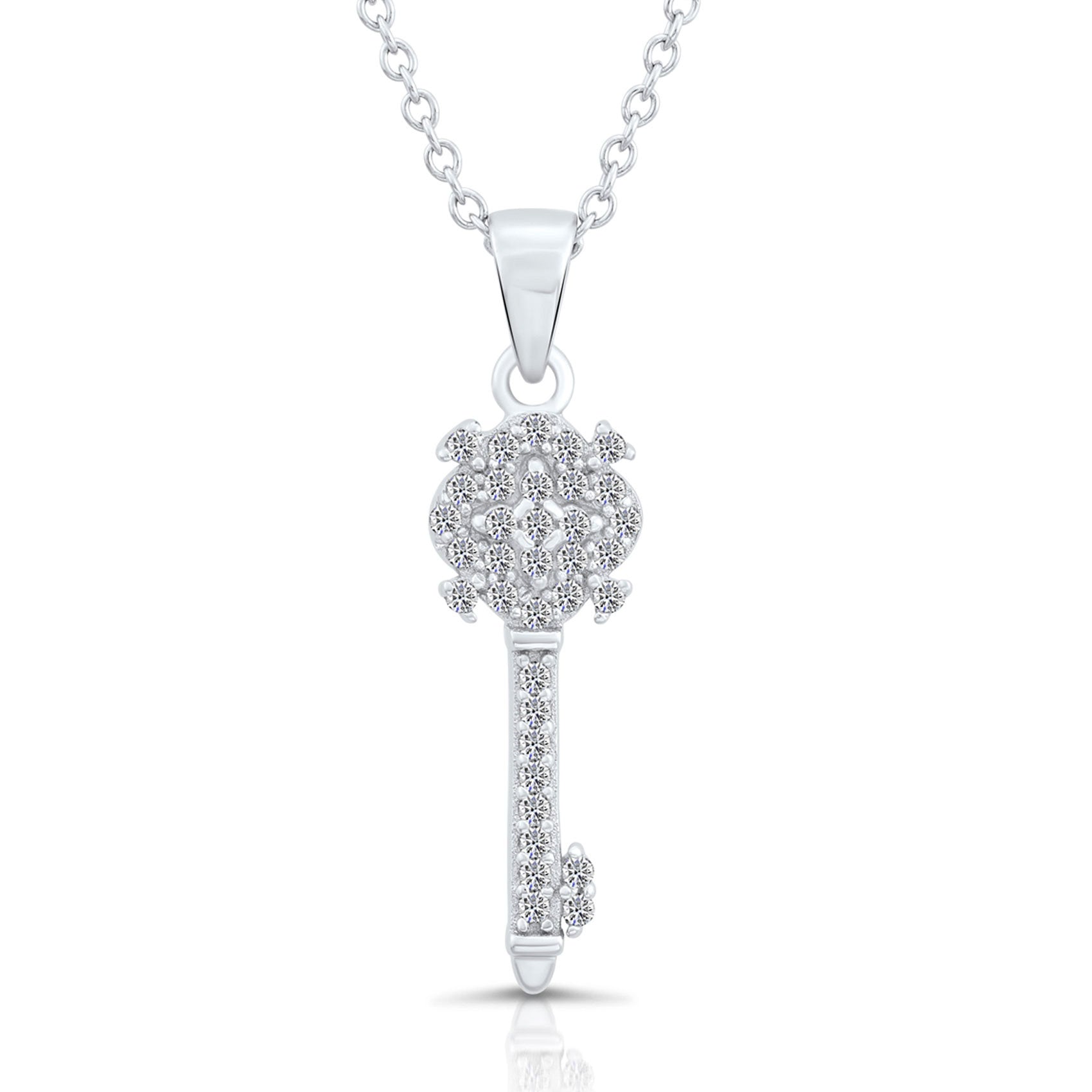 CZ Key Charm Necklace with Cubic Zirconia in Sterling Silver