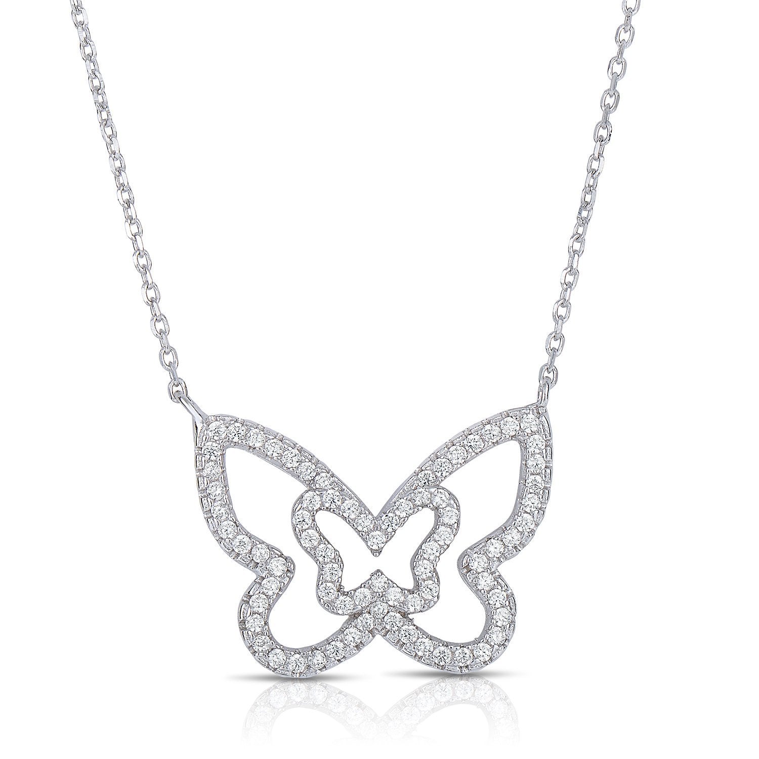 CZ Double Butterfly Necklace. Adjustable in Sterling Silver