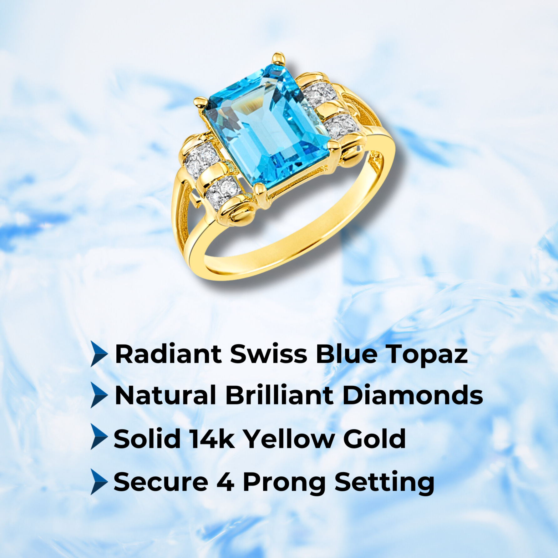 Natural Swiss Blue Topaz Gemstone Ring. 14k Gold Ring with Natural Diamonds