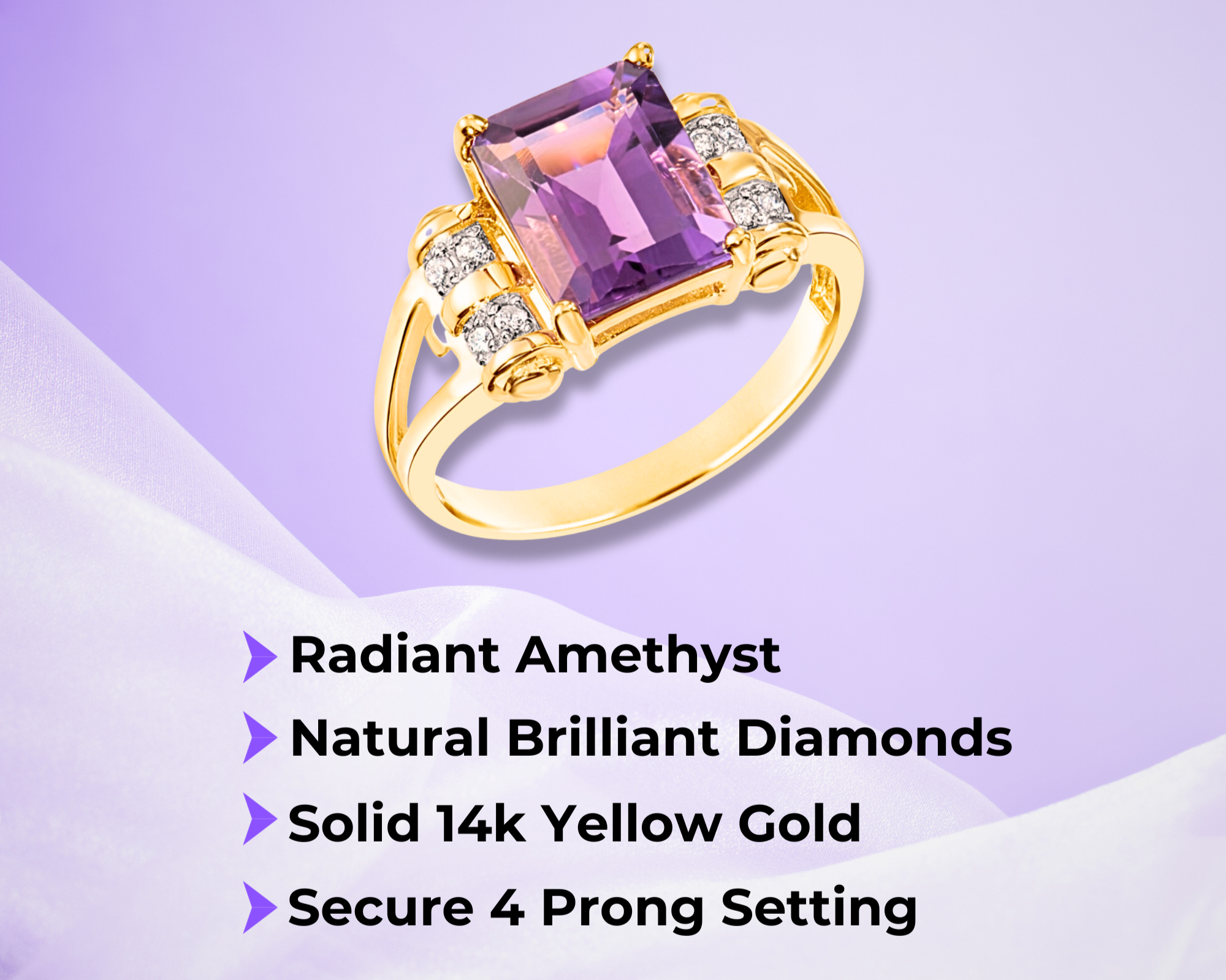 Natural Amethyst Gemstone Ring. 14k Gold Ring with Natural Diamonds