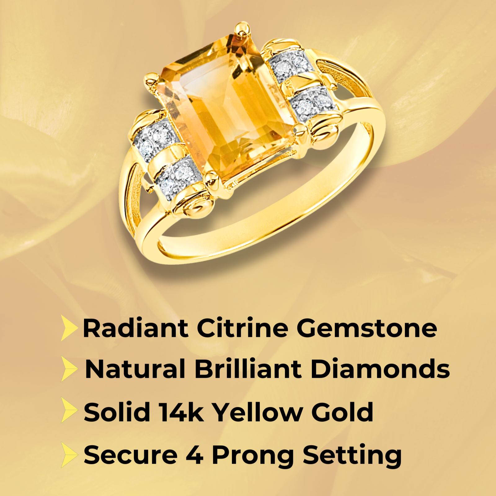 Natural Citrine Gemstone Ring. 14k Gold Ring with Natural Diamonds