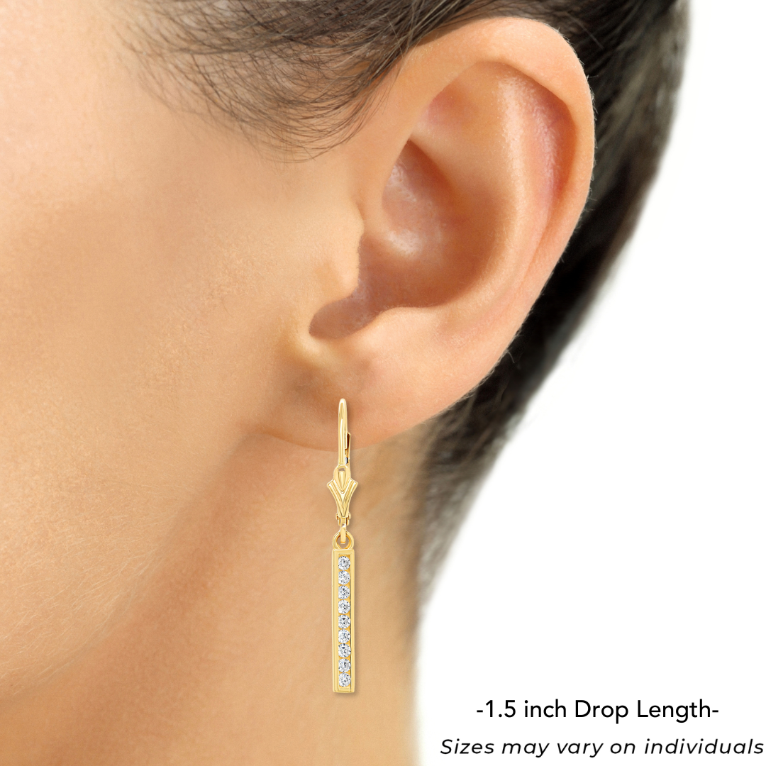 14K Gold CZ Bar Dangle Drop Earrings. French Lever back Design. 14 Karat Solid Gold and Brilliant Cubic Zirconia