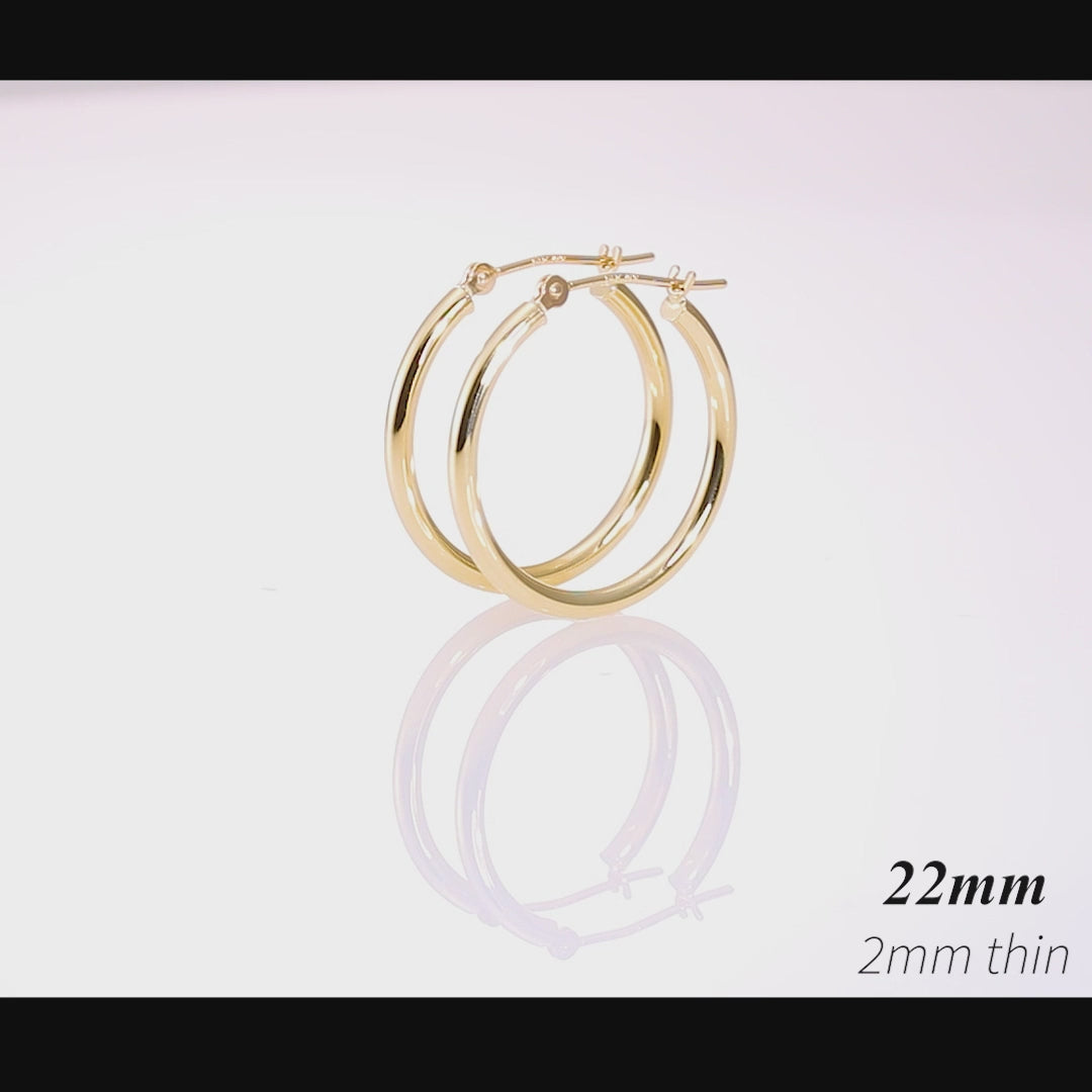 10K Yellow Gold Classic Round Hoop Earrings. 2mm Thin. All Sizes Available