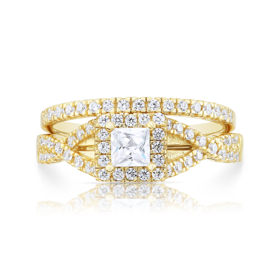 CZ Princess Engagement Ring Set. Gold Plated in Sterling Silver