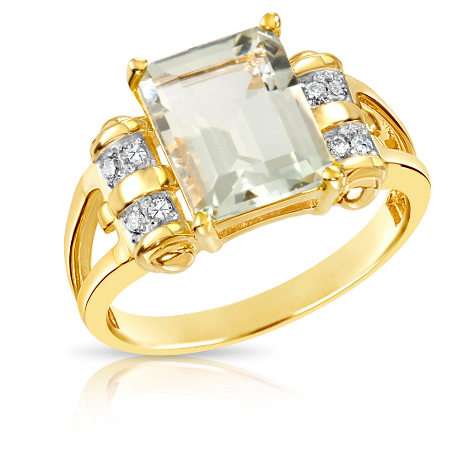 Natural Light Green Amethyst Gemstone Ring. 14k Gold Ring with  Natural Diamonds