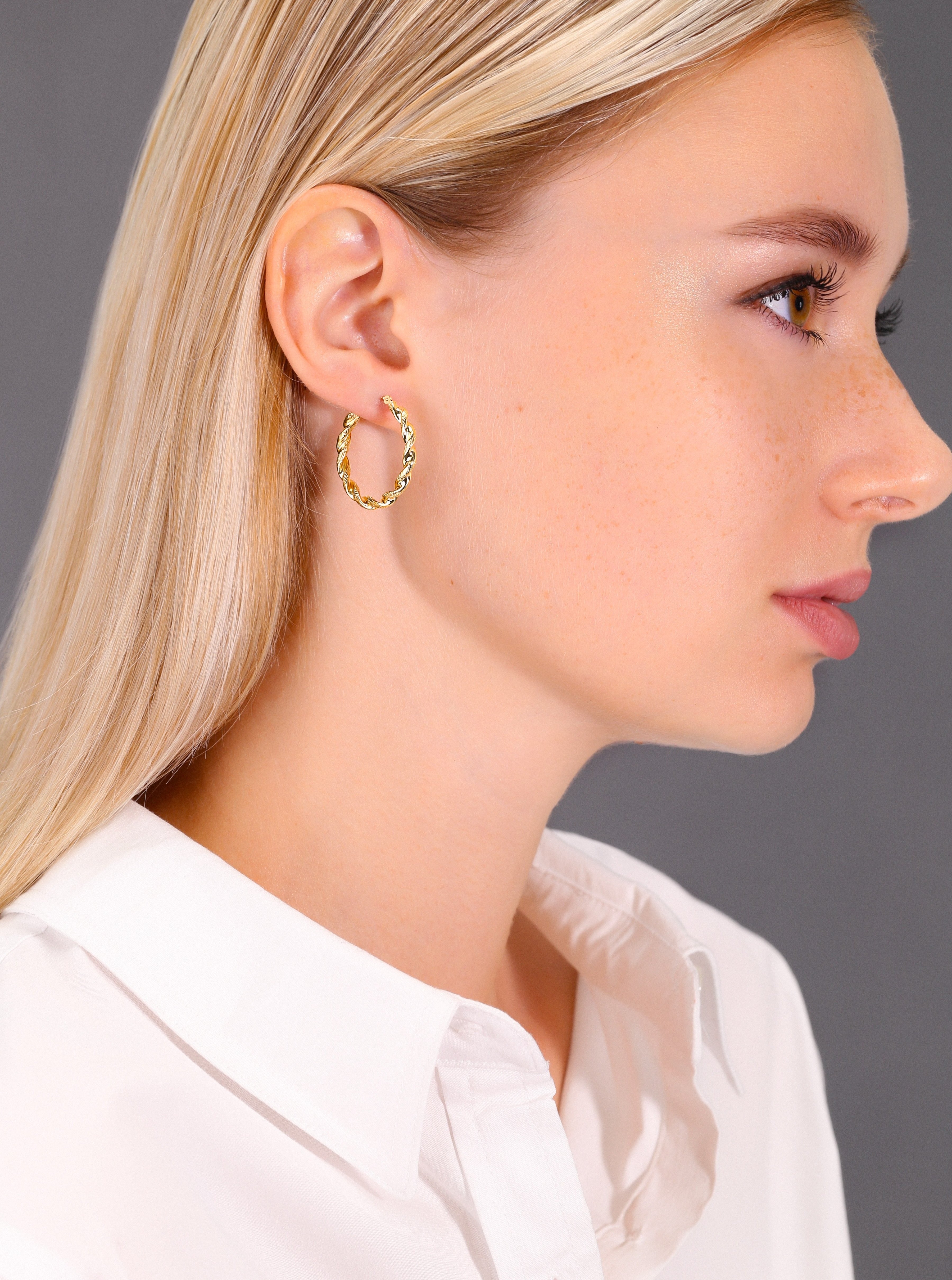 14k Yellow Gold Twisted Round Hoop Earrings with Hand Engraved Design